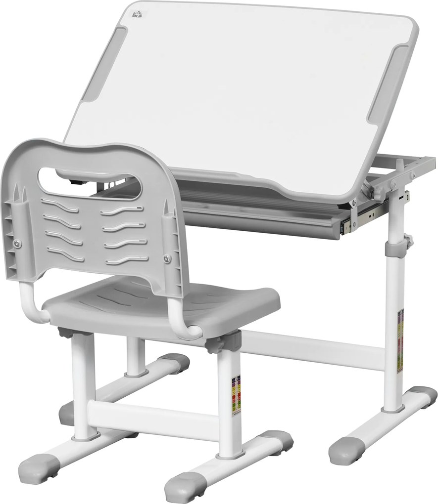 HOMCOM Set Masă și Scaun pentru Copii 6-12 ani, Reglabil pe Înălțime, cu Blat Înclinabil la 45°, 66x47x52-77 cm, Gri | Aosom Romania