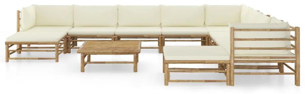 3058223 vidaXL Set mobilier de grădină, cu perne alb crem, 11 piese, bambus
