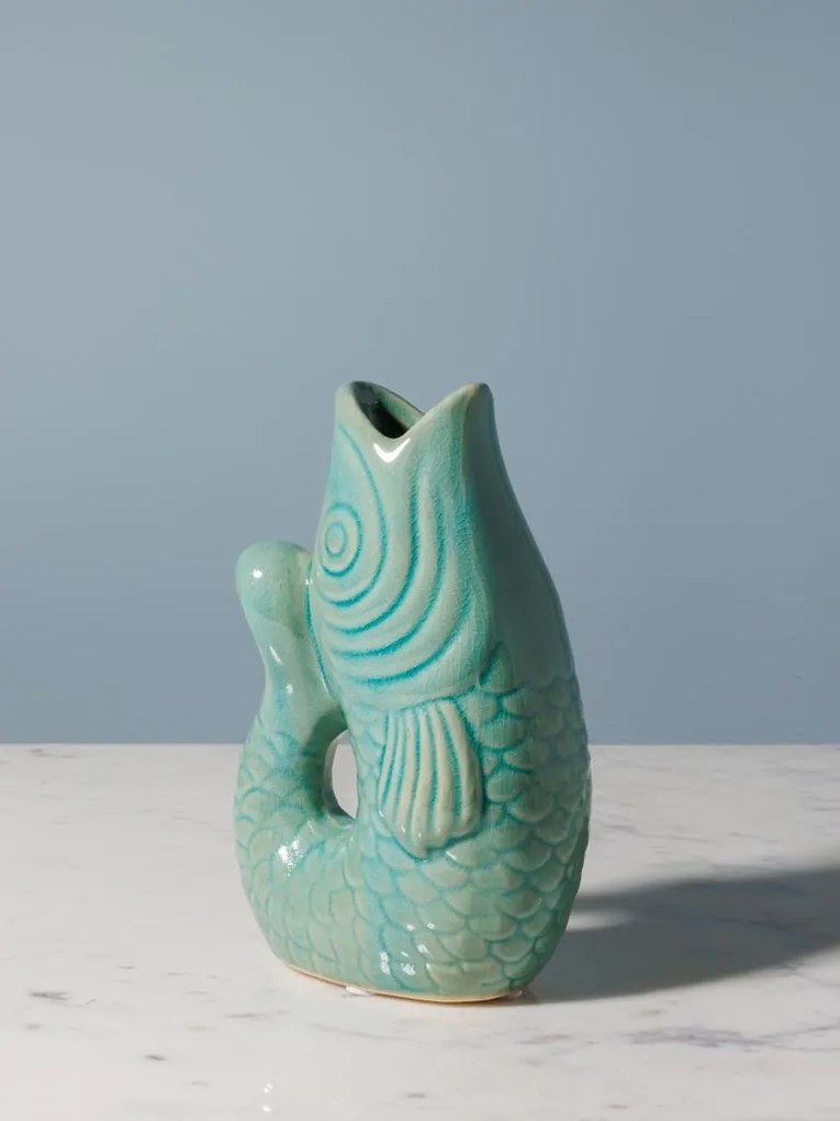 Vaza verde, din ceramica, forma de peste, H20cm Stone