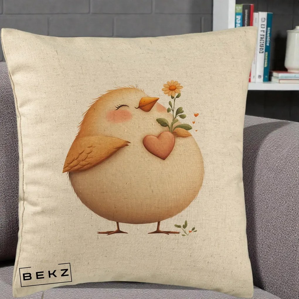 Perna Decorativa Pui cu Inima si Floarea-Soarelui, 40x40 cm, Bej, Husa Detasabila, Perna Inclusa, BEKZ®