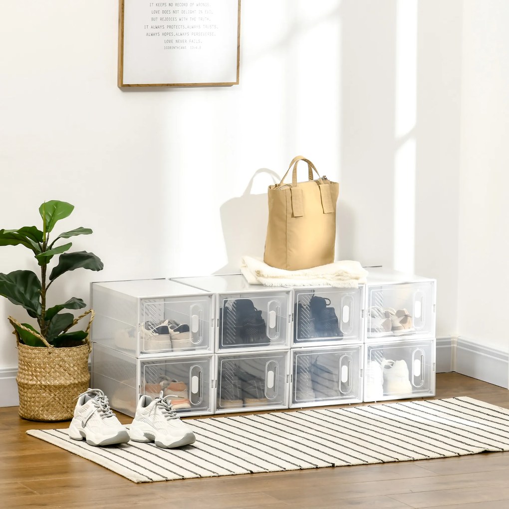 HOMCOM Pantofar Modular cu 8 Cuburi de Depozitare și Uși Magnetice, Cuburi din PP, 25x35x19 cm, Alb și Transparent | Aosom Romania