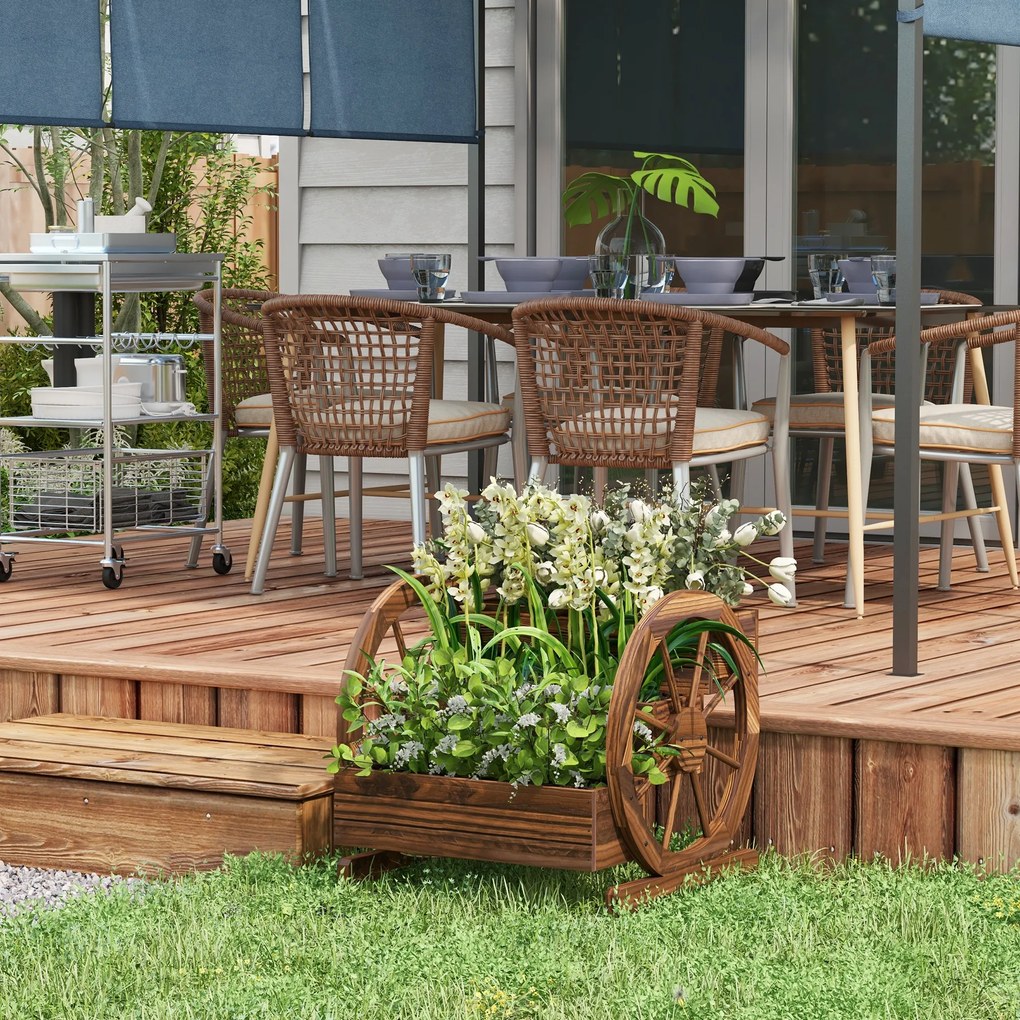 Outsunny Jardinieră de Exterior cu 3 Niveluri și Roți Decorative, din Lemn de Brad cu Orificii de Drenaj, pentru Legume și Flori, pentru Balcon sau Terasă, 62x61x57 cm, Carbonizat | Aosom Romania