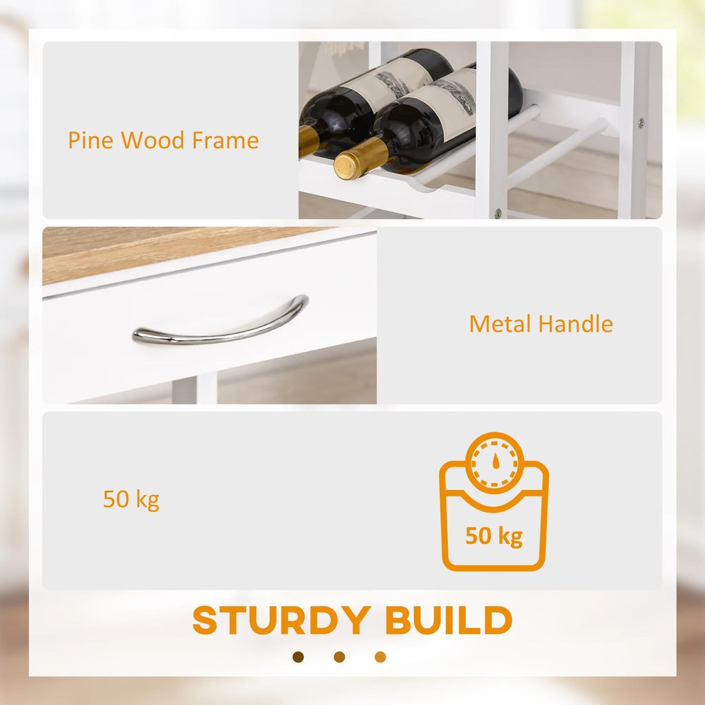 HOMCOM Serviciu de servire dulap de bucătărie cu rotile 2 rafturi, tavă detașabilă, sertar lemn de pin alb stejar luminos | Aosom Romania