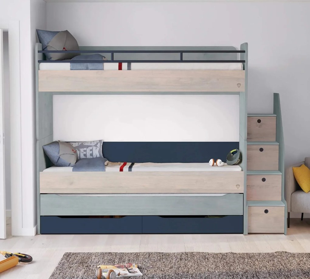 Pat etajat pentru copii Studio Trio, cu spatiu de depozitare ,   saltea 90x200 cm
