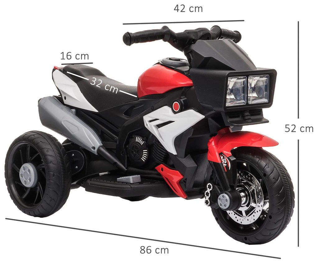 Motocicleta Electrica pentru Copii 3-5 Ani (max. 25kg) cu 3 Roti, Lumini si Sunete, Bateria 6V, Rosu, 86x42x52cm HOMCOM | Aosom Romania