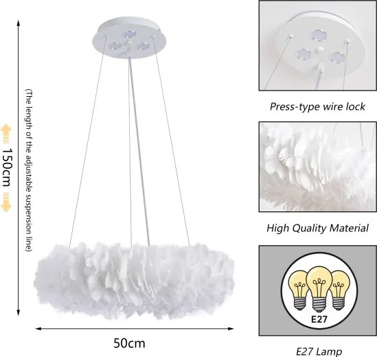 Brilagi - Lustru LED pe cablu FEATHER 3xE27/40W/230V + 3xLED/3W diam. 50 cm alb