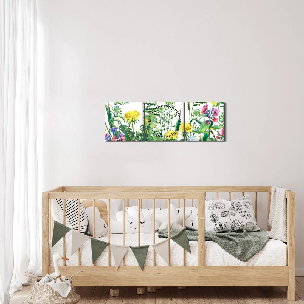 Tablou - Flori de pajiște pictate (cu ceas) (90x30 cm)