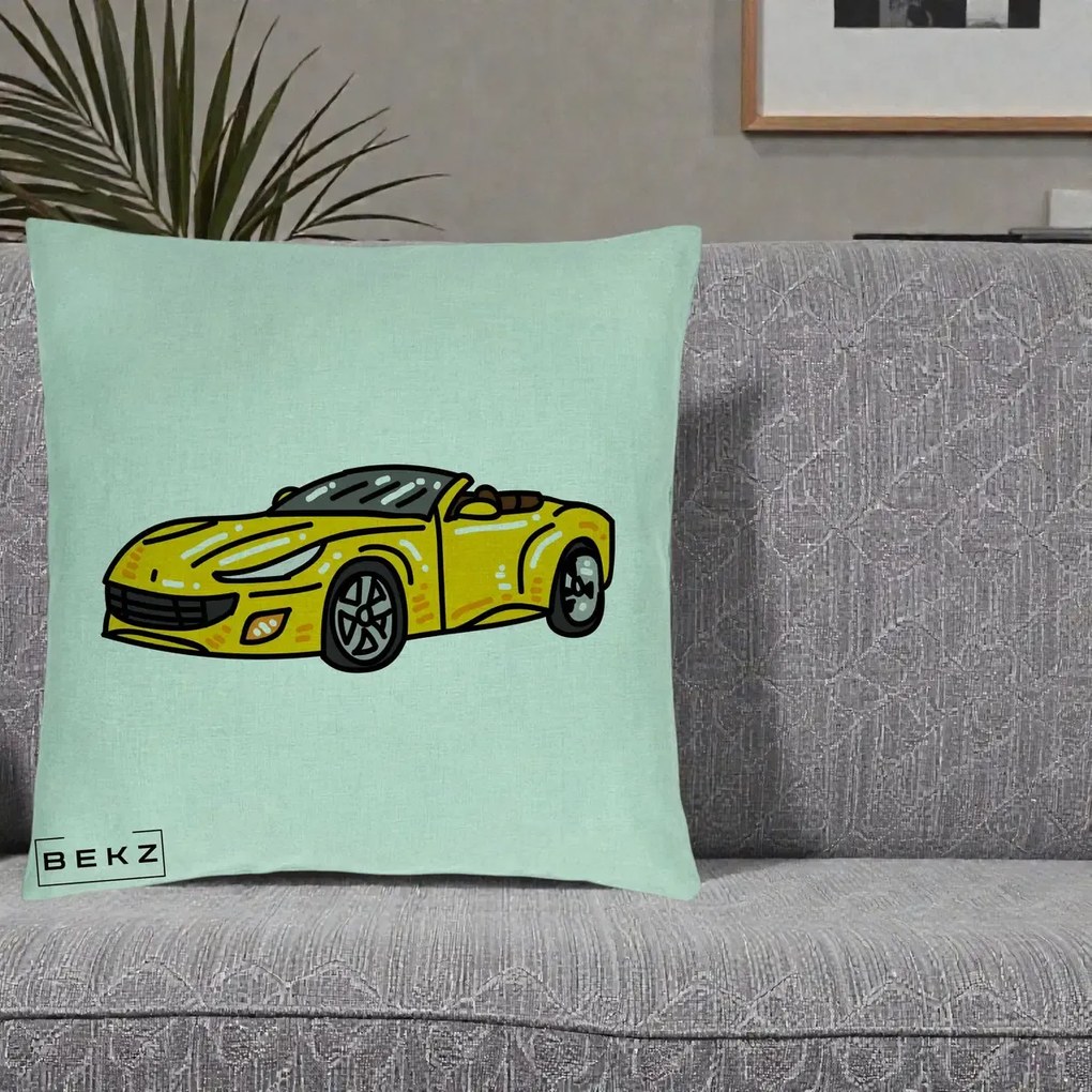 Perna Personalizata Masina Cabriolet Galbena Grafic, 40x40 cm, Verde Menta, Husa Detasabila, Perna Inclusa, BEKZ®