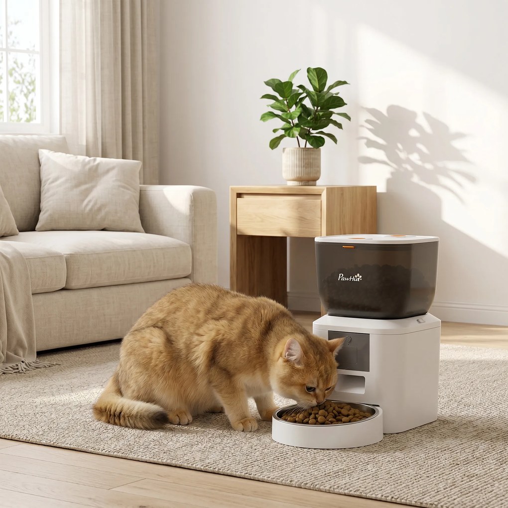 PawHut Distribuitor Automat de Hrană pentru Pisici 4L, WiFi 2.4G, Control App cu Înregistrare 10s, Bol, Alb | Aosom Romania