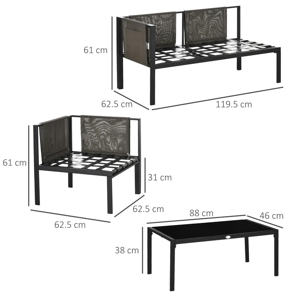 Outsunny Set pentru gradina 4 bucati cu 2 canapele 2 locuri, fotoliu de colt si masuta de cafea din geam securizat, gri si negru | AOSOM RO