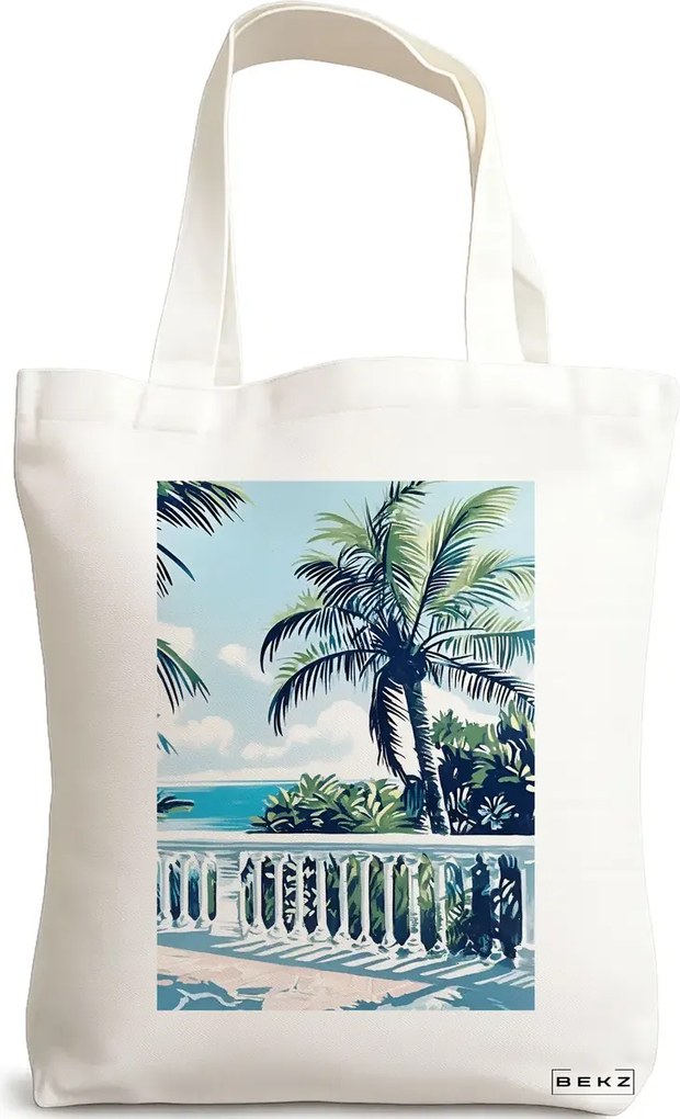 Sacosa de Panza pentru Cumparaturi, Geanta Tote, model Tropical Sunset 2 38 x 34.5 cm, Alba, BEKZ®