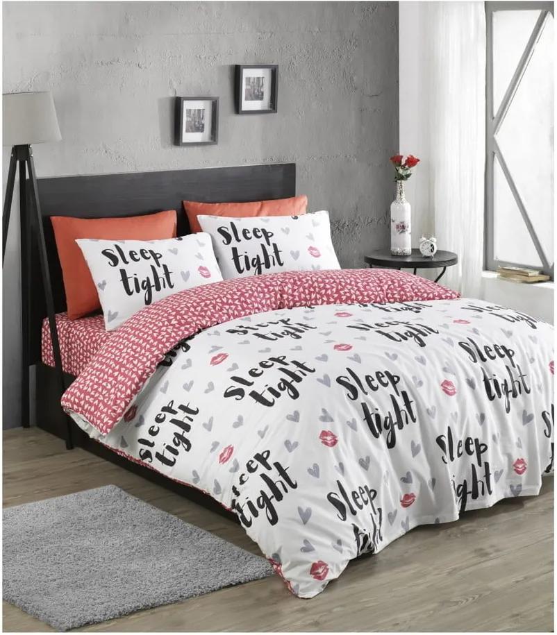 Lenjerie de pat din bumbac ranforce pentru pat de 1 persoană Mijolnir SleepTight Fuchsia & White, 140 x 200 cm