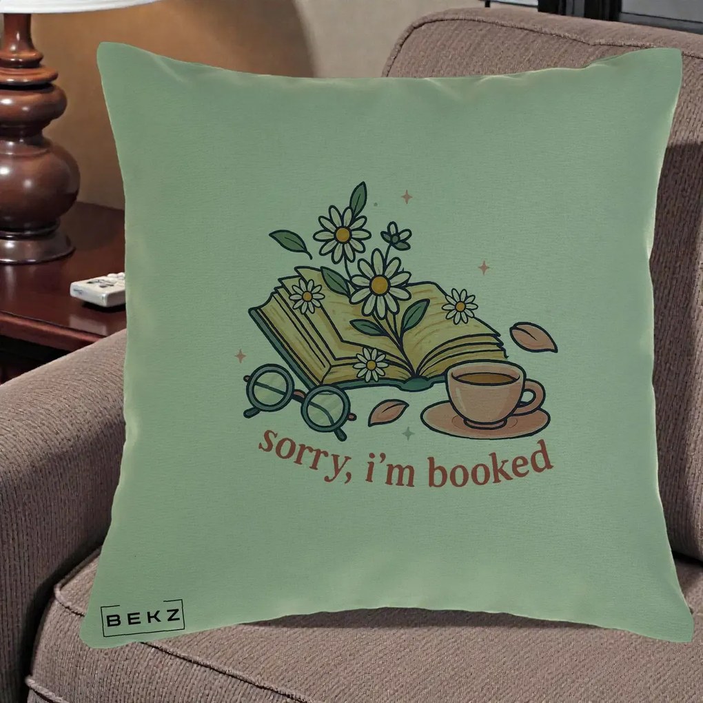 Perna Personalizata Sorry I'm Booked Carti Flori, 40x40 cm, Verde, Husa Detasabila, Perna Inclusa, BEKZ®