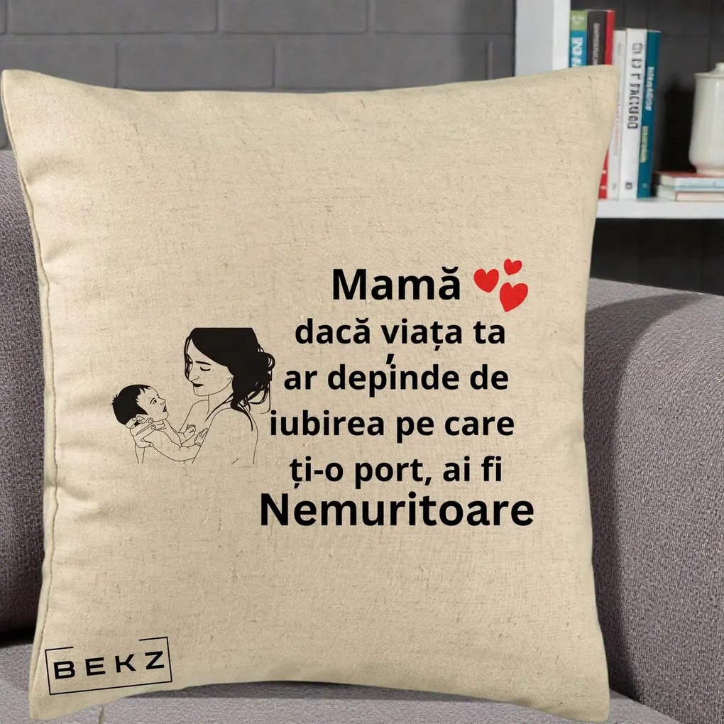 Cadou pentru Mama - Perna Personalizata Mama Nemuritoare Imbratisare Copil, 40x40 cm, Bej, Husa Detasabila, Perna Inclusa, BEKZ®