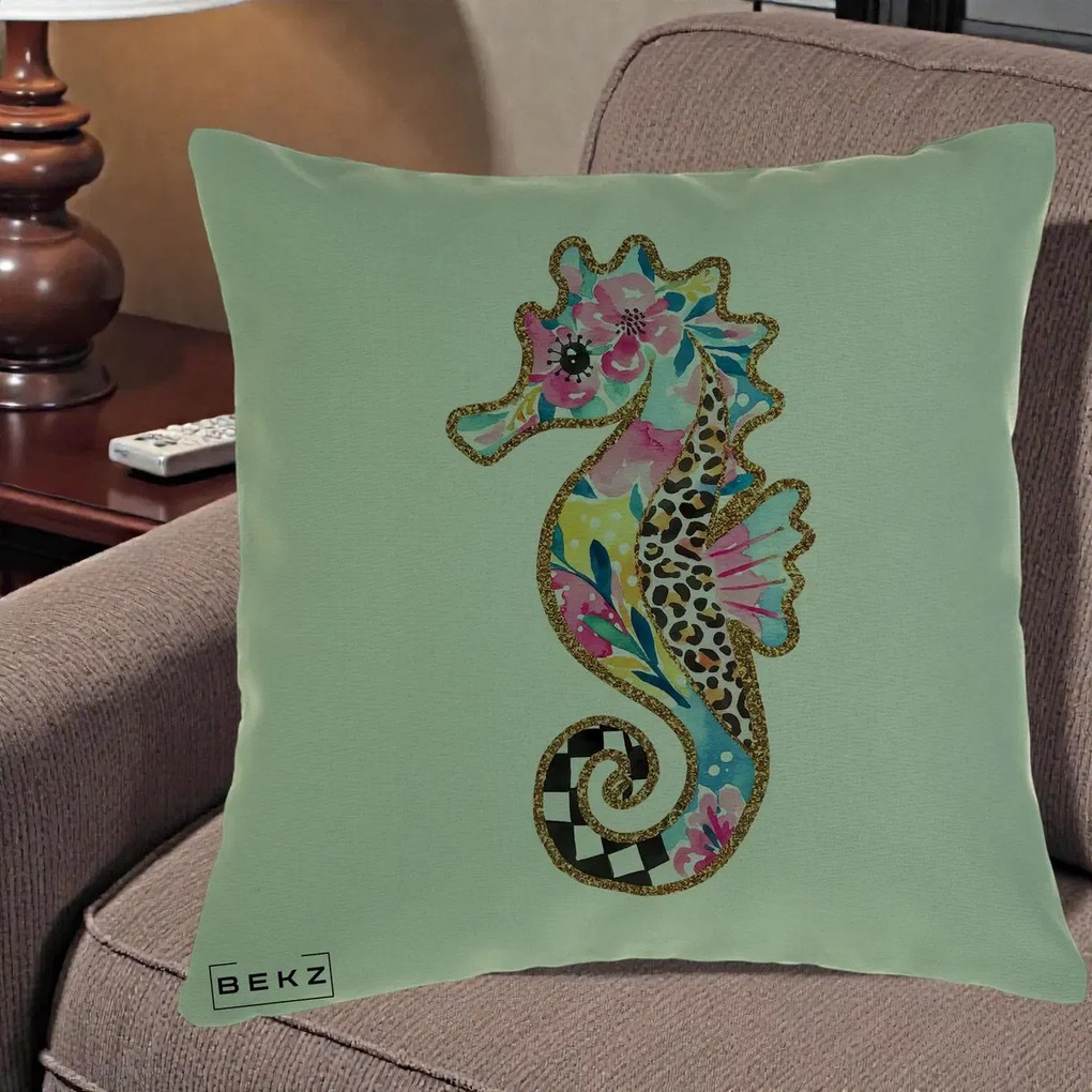 Perna Decorativa Calut de Mare Glitter Tropical, 40x40 cm, Verde, Husa Detasabila, Perna Inclusa, BEKZ®