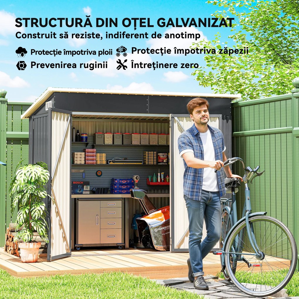 Outsunny Șopron de Grădină 2.68m² din Oțel Galvanizat cu 3 Uși Blocabile, Șopron cu Guri de Aerisire, Acoperiș Înclinat și Mănuși, Depozitare Unelte, 234x132x185 cm, Gri Închis | Aosom Romania