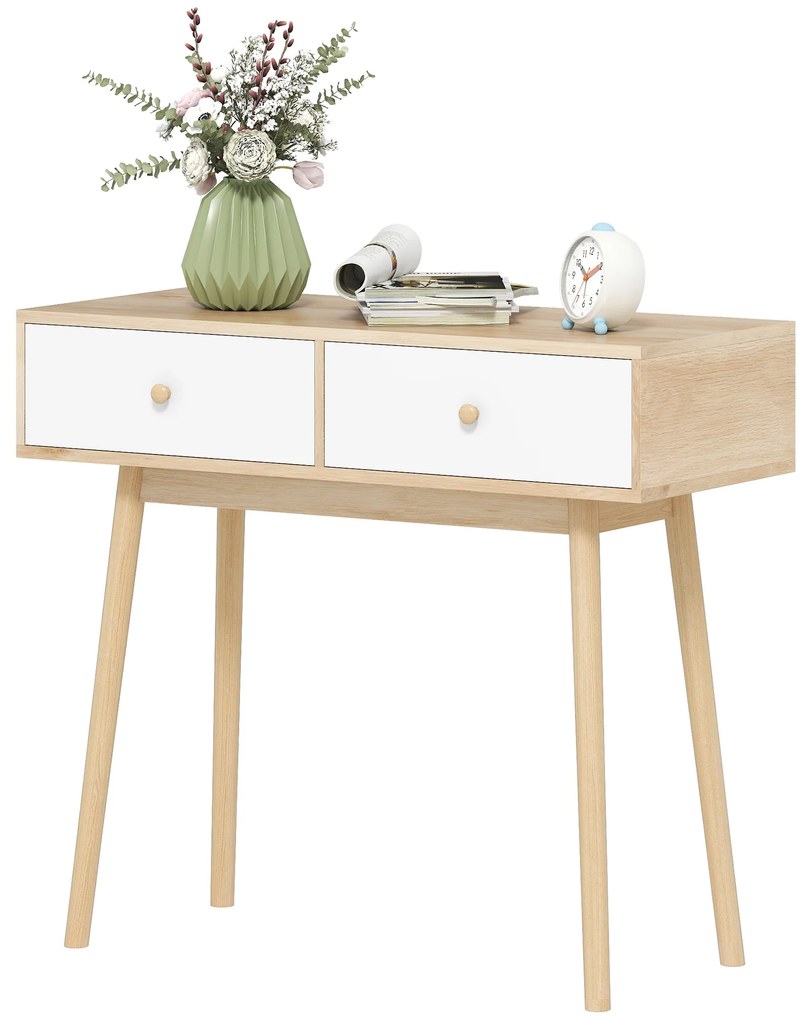 HOMCOM Masă de consolă cu 2 sertare și picioare din lemn, pentru living, intrare, hol, 86 x 35 x 75 cm, stejar și alb | Aosom Romania