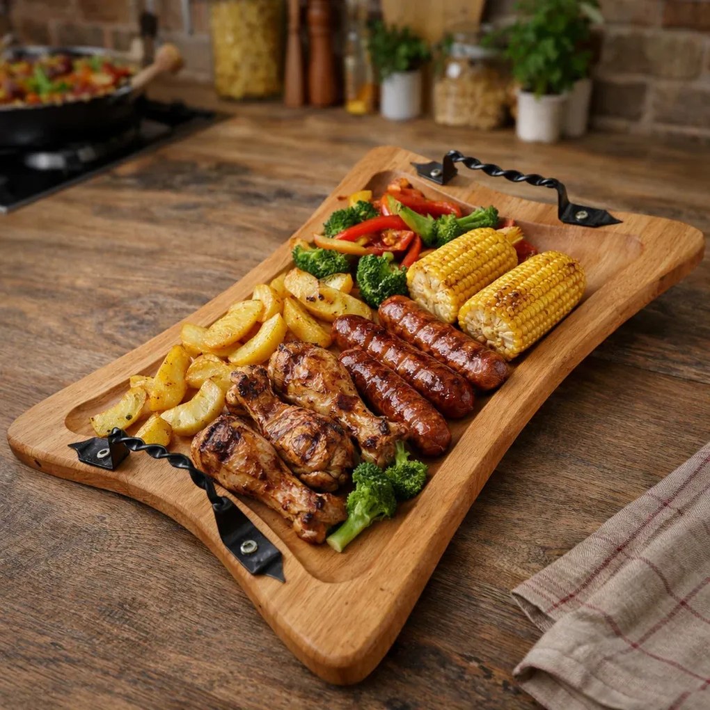 Tava lemn cu manere din fier forjat, in diferite forme