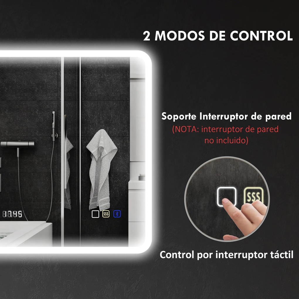 HOMCOM Oglindă de Baie cu Lumină LED 80x60 cm cu Bluetooth 3 Culori de Lumină Funcție Antiabur Funcție de Memorie IP44  | Aosom Romania