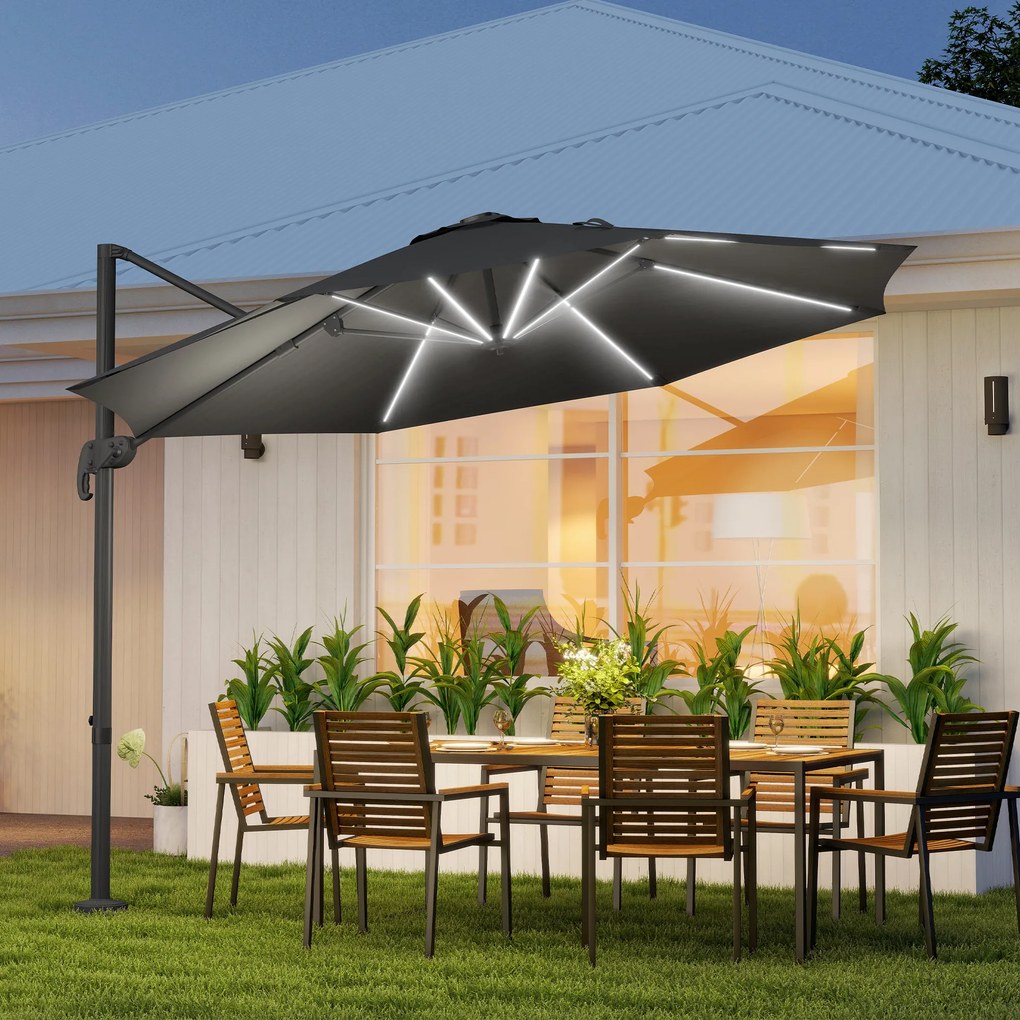 Outsunny Umbrelă de Soare Exterioară cu Lumini LED și Unghi Reglabil, Umbrelă de Grădină din Aluminiu și Poliester, Ø3x2.5 m, Gri | Aosom Romania