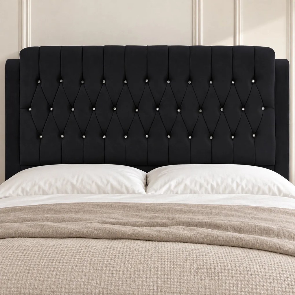 Pat tapițat Chesterfield din catifea Aveline Deluxe 180×200 cm, negru, cu ladă de depozitare
