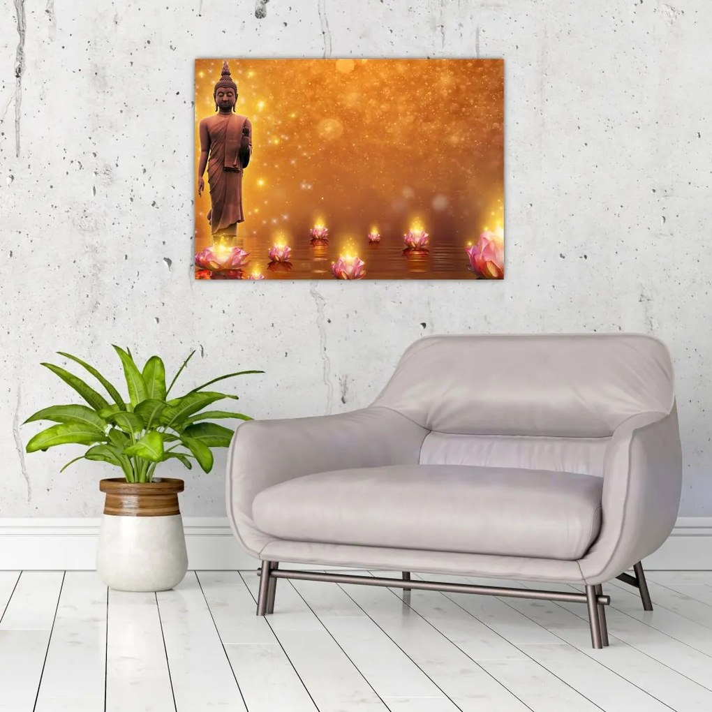Tablou pe sticlă - Buddha în sclipici auriu (70x50 cm)