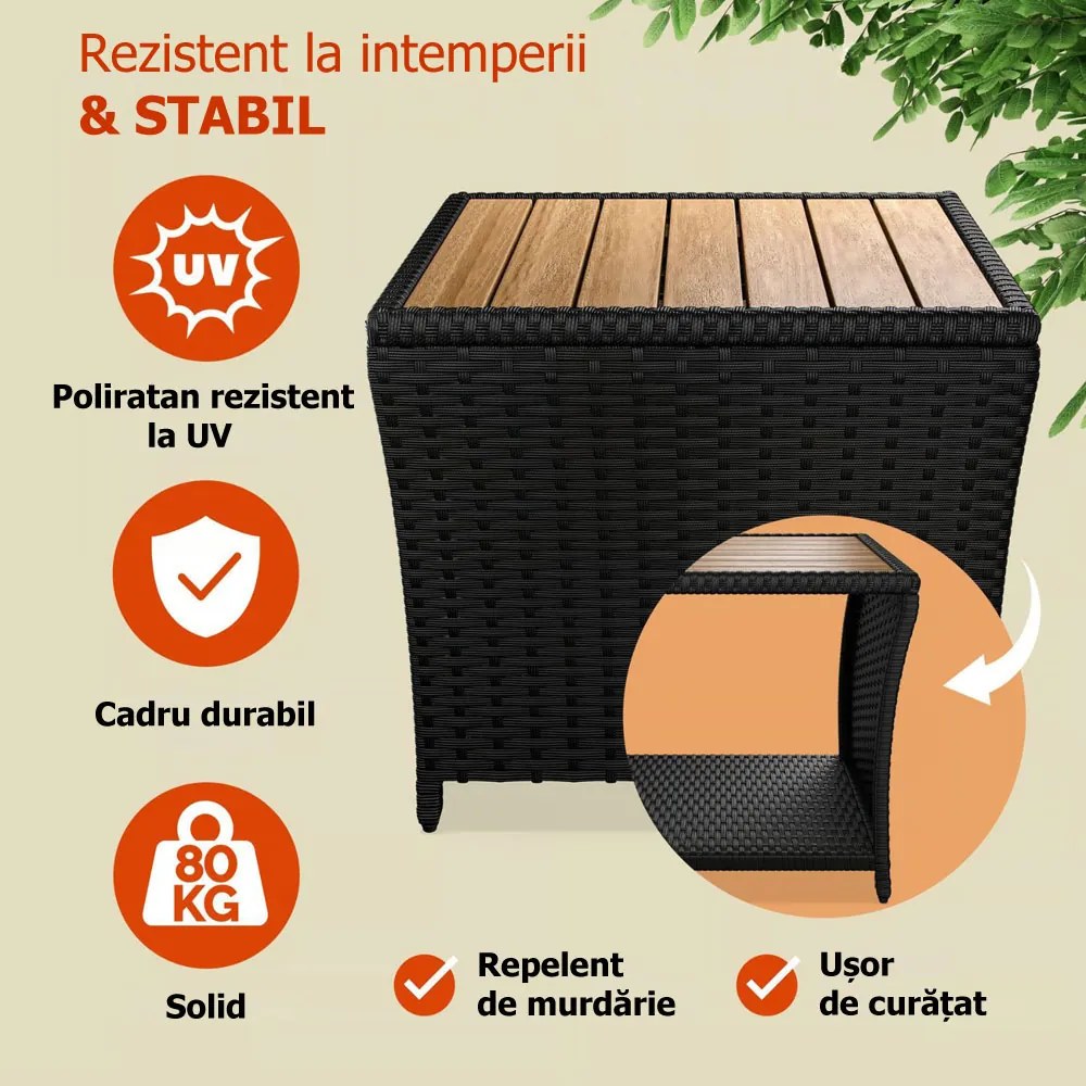 Măsuță auxiliară din poliratan ROCCO cu lemn de acacia, 40x45x45cm, negru/maro Casaria