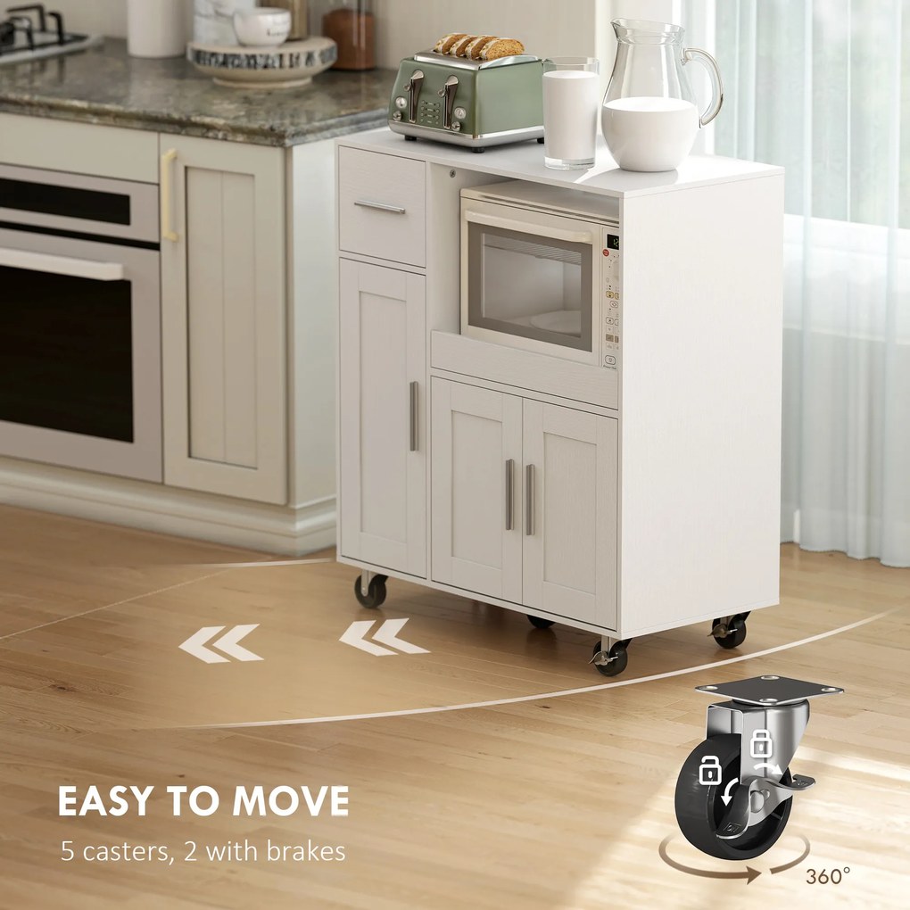 HOMCOM Dulap pentru cuptorul cu microunde din lemn, cu sertar, 2 dulapuri, raft deschis și blat ajustabil, 80x40x88.7 cm, alb | Aosom Romania