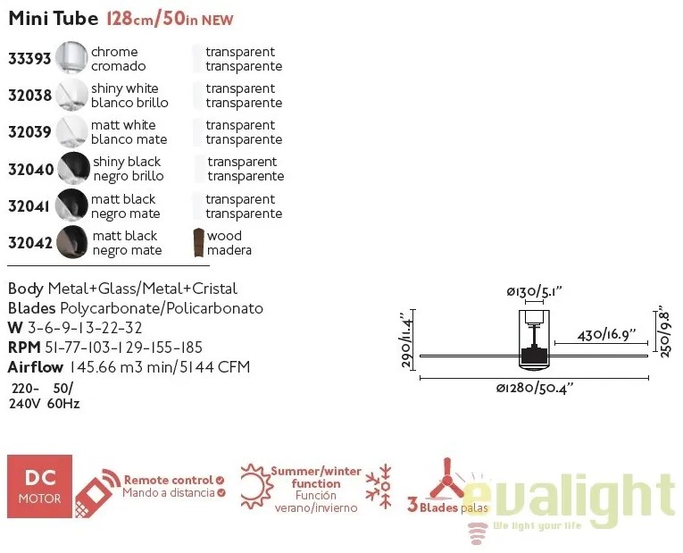 Ventilator de tavan modern cu telecomanda MINI TUBE FAN ab lucios/transparent 32038