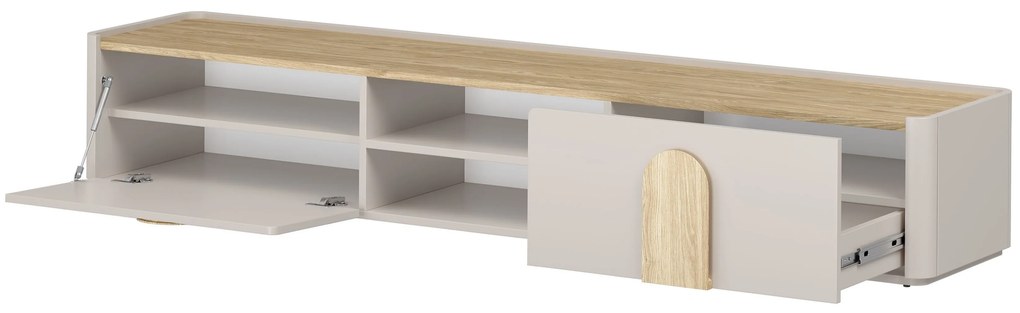 Comodă TV cu sertar Amilio 220 cm - cașmir / stejar uleiat / mânere stejar deschis