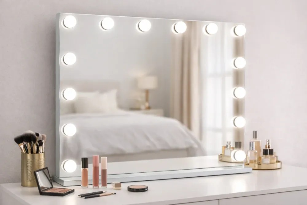 Oglindă cosmetică, sistem iluminare LED cu 3 culori, Port de încărcare USB, Alb, 80x65 cm