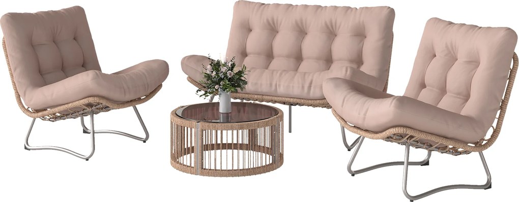 Outsunny Set mobilier grădină 4 piese Polyrattan Lounge cu canapea 2 locuri 2 fotolii masă cu sticlă șezut lat și adânc perne groase | Aosom Romania