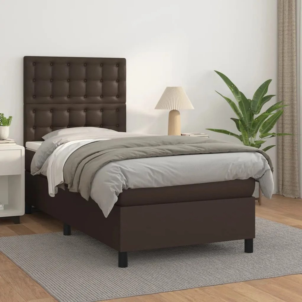 3142830 vidaXL Pat box spring cu saltea, maro, 100x200 cm, piele ecologică