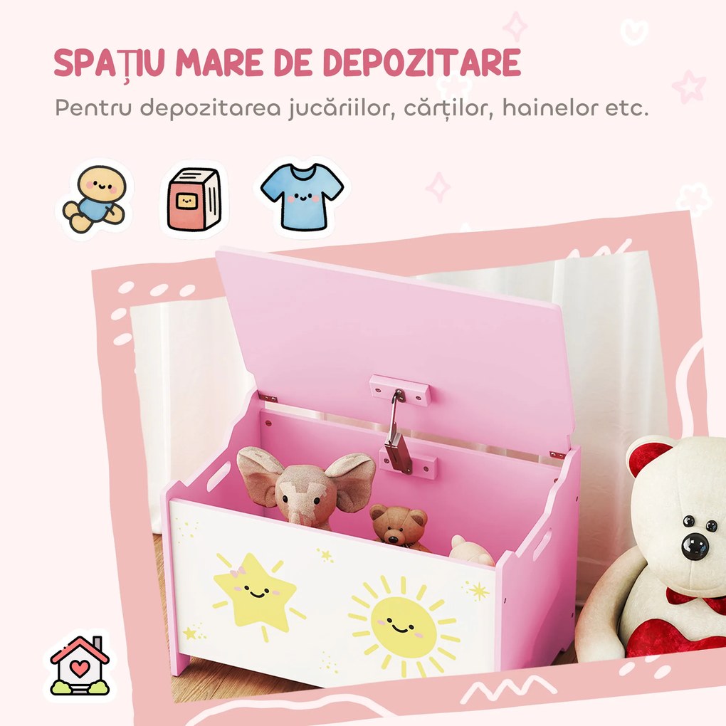 AIYAPLAY Cutie pentru Jucării cu Capac, Balama de Siguranță și Mânere Groove, Organizator pentru Depozitarea Jucăriilor pentru Copii, Camera de Zi, Sala de Joacă, Roz | Aosom Romania