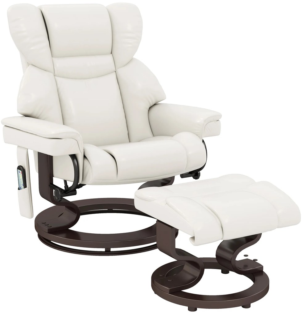 HOMCOM Fotoliu de relaxare cu funcție de masaj și taburet, scaun de dormit, piele ecologică, 79 x 82 x 101 cm, alb-crem | Aosom Romania