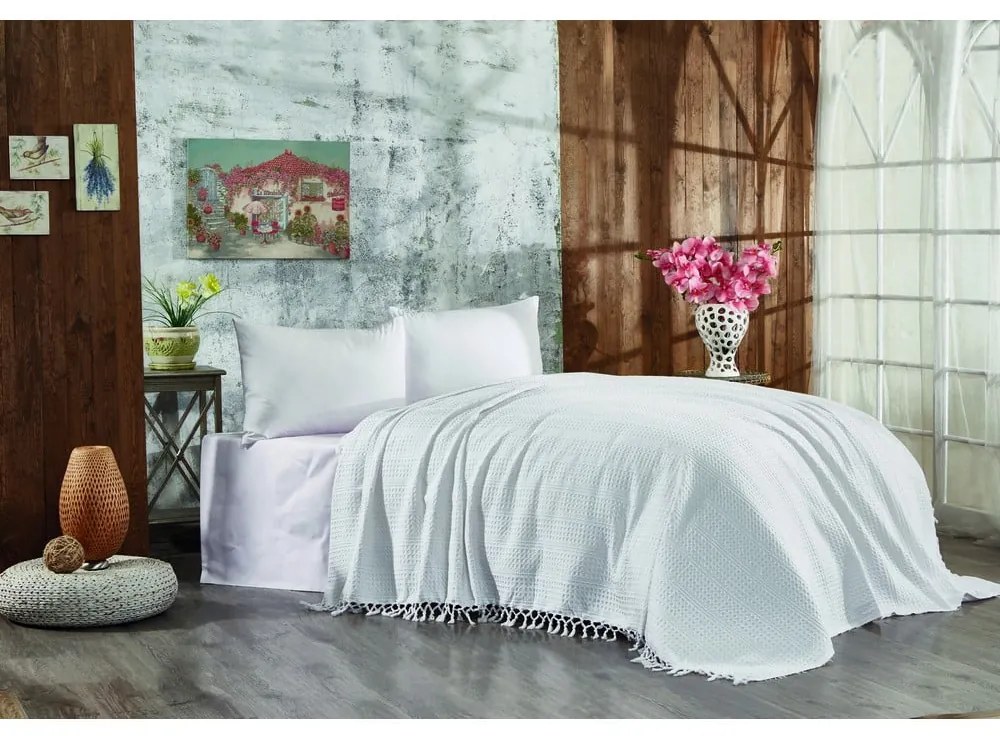 Cuvertură albă din bumbac pentru pat dublu 220x240 cm Lotus – Mijolnir