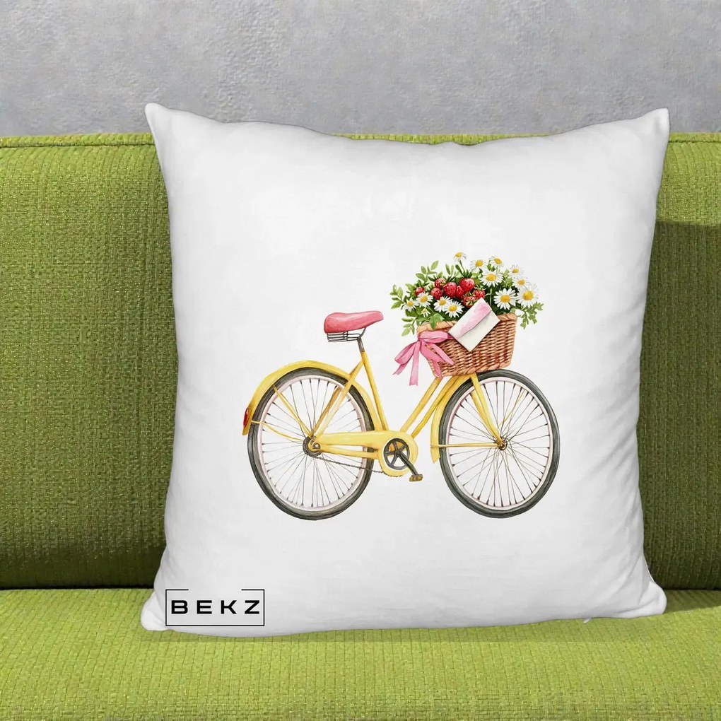 Perna Decorativa Bicicleta Galbena cu Cos de Flori Primavara, 40x40 cm, Alb Pufos, Husa Detasabila, Perna Inclusa, BEKZ®