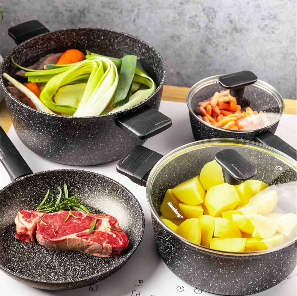 Set oale și tigăi cu capace, strat antiaderent, Klausberg KB7830 – 12 piese, 16–28 cm, compatibil inducție, negru