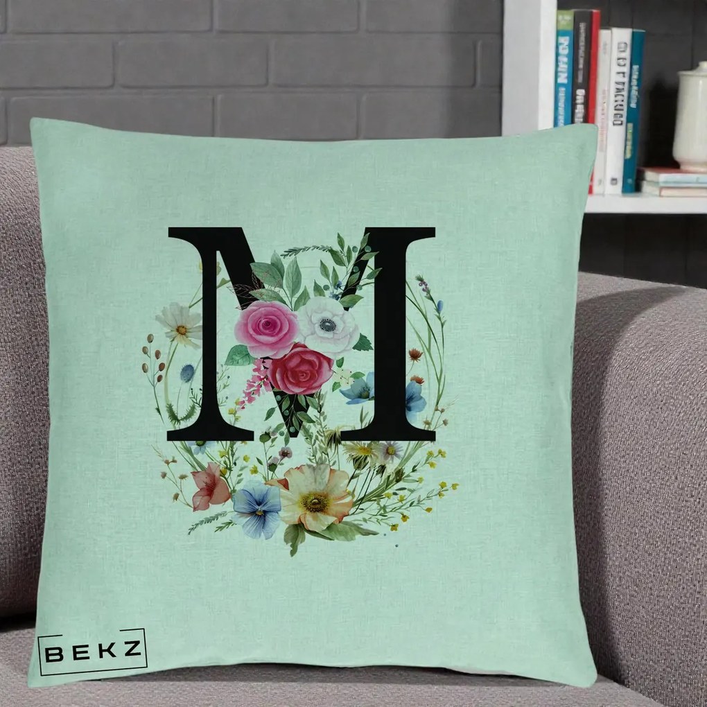 Cadou Personalizat - Perna Personalizata Monogram Litera M cu Flori Acuarela, 40x40 cm, Verde Menta, Husa Detasabila, Perna Inclusa, BEKZ®