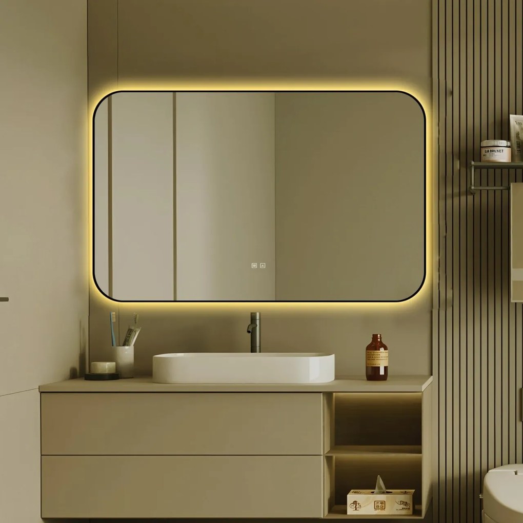 🪞 Oglindă LED cu Touch și Funcție Dezaburire – Ramă Negru, 110x70 cm, Model J187-11070 Smack