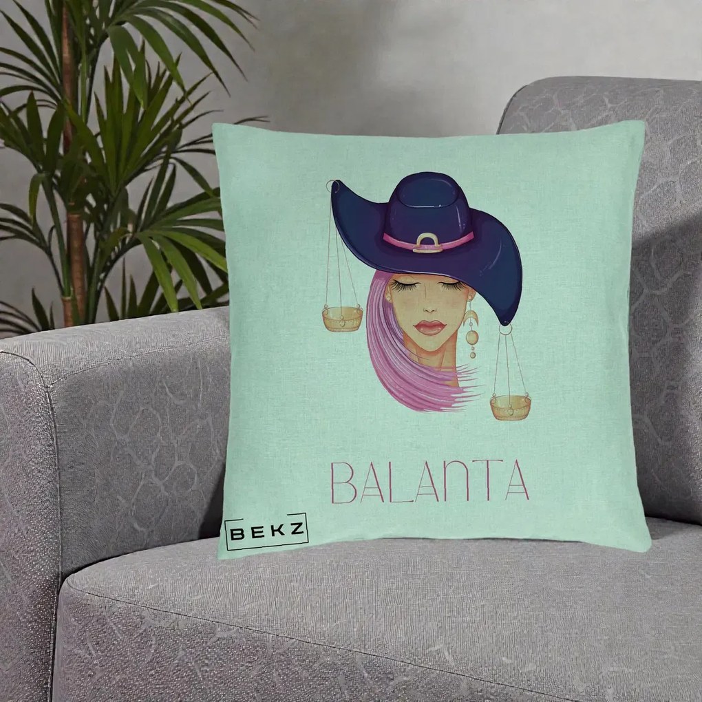 Perna Personalizata Zodiac Balanta Cowgirl, 40x40 cm, Verde Menta, Husa Detasabila, Perna Inclusa, BEKZ®