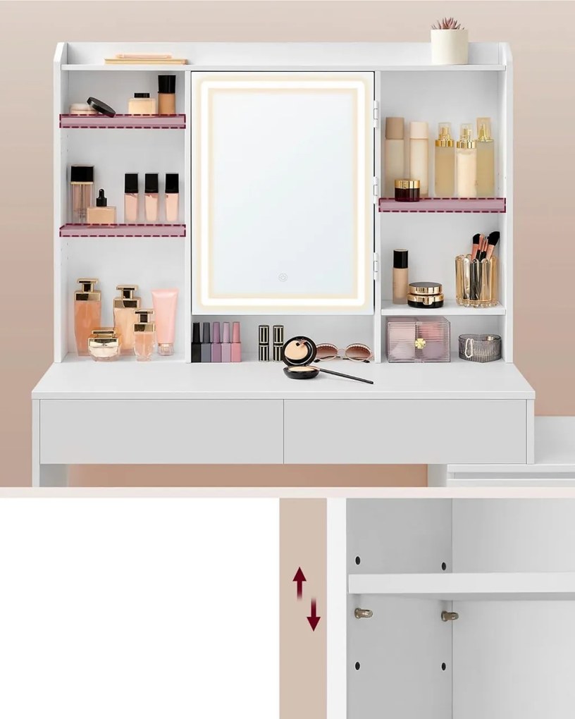 Masuta machiaj cu Oglinda LED si 6 Sertare pentru Cosmetice, Set Masa toaleta 118 cm, Alb, masuta cosmetica, vanity - SEA95