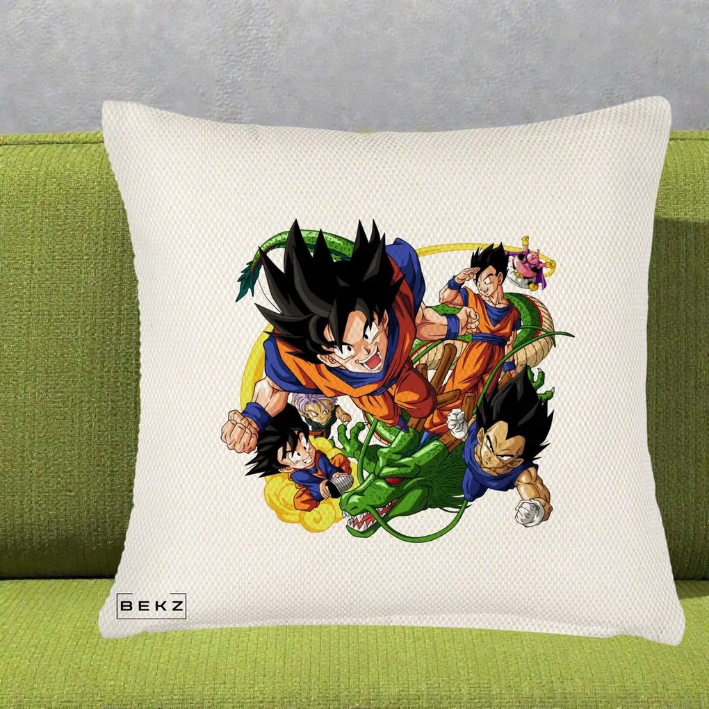 Perna Personalizata Dragon Ball Goku si Shenron Actiune, 40x40 cm, Crem Reliefat, Husa Detasabila, Perna Inclusa, BEKZ®