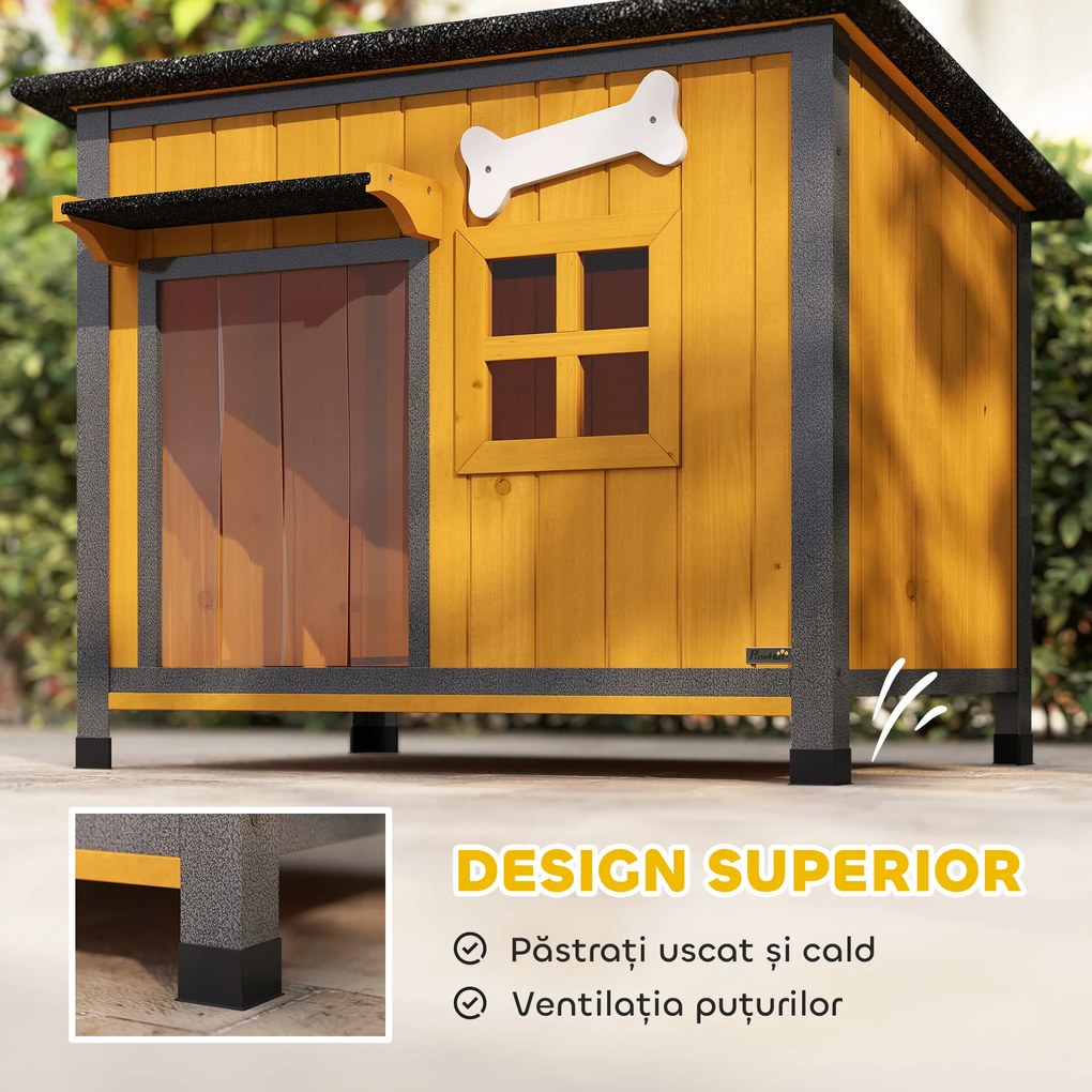 PawHut Cușcă pentru câini de exterior din lemn și oțel rezistent la mușcături, cu acoperiș rabatabil și perdea pentru ușă, galben | Aosom Romania