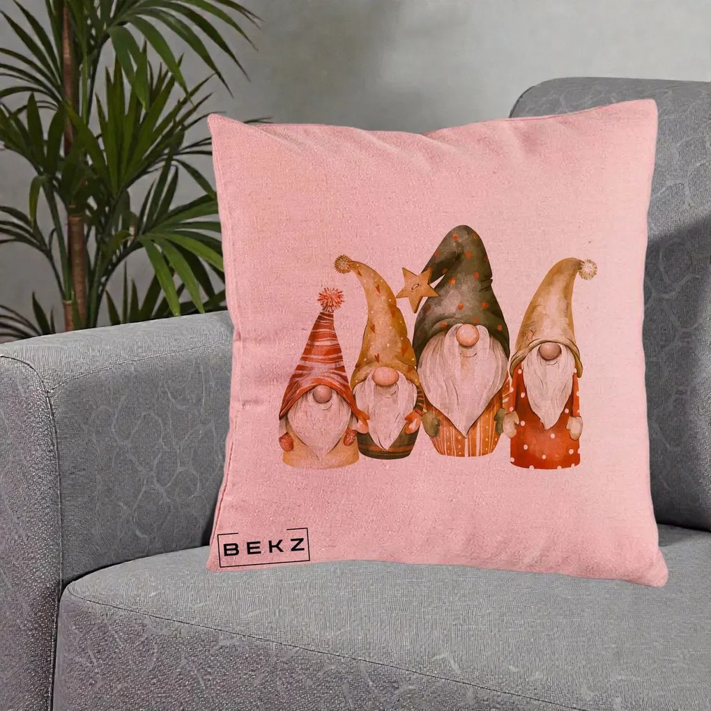 Perna Decorativa Gnomi de Craciun Patru, 40x40 cm, Roz, Husa Detasabila, Perna Inclusa, BEKZ®