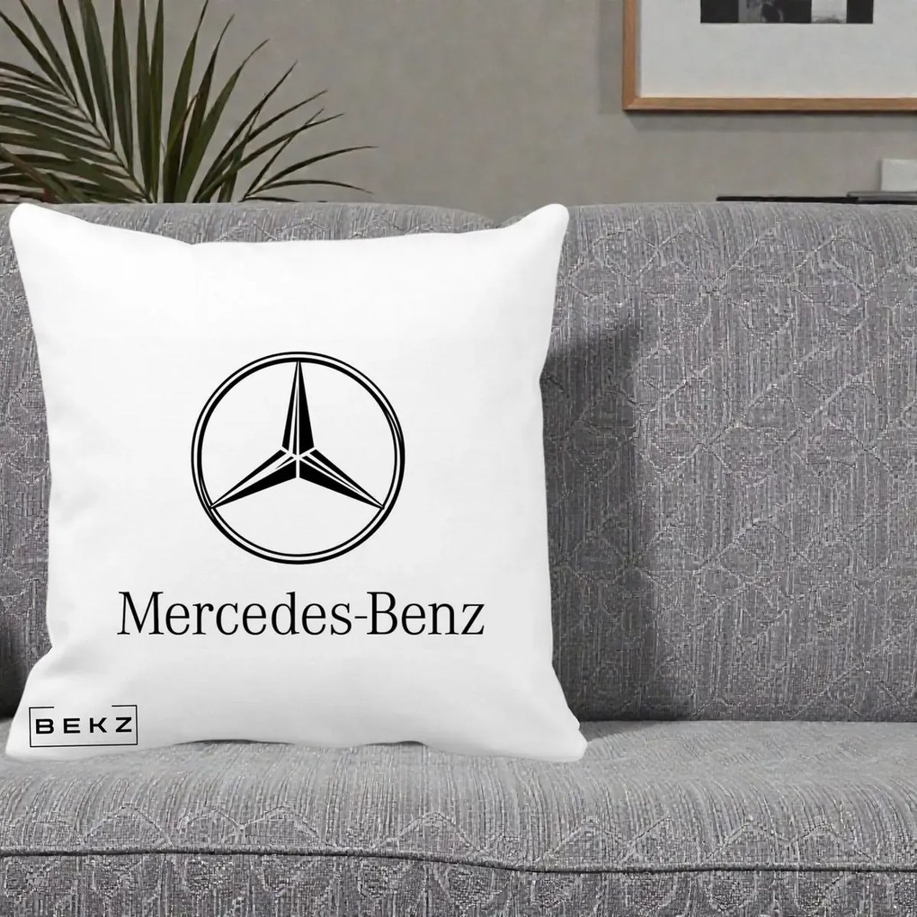 Perna Personalizata cu emblema Mercedes-Benz, 40x40 cm, Alba Mata, Husa Detasabila, Perna Inclusa, BEKZ®