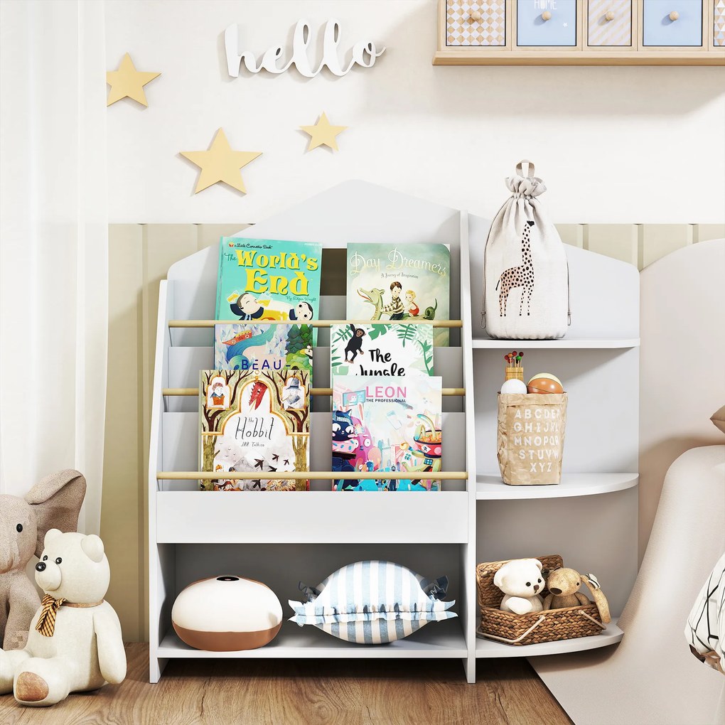 AIYAPLAY Raft pentru copii cu 7 rafturi pentru cărți, jucării, margini rotunjite, susține 40 kg, Alb | Aosom Romania