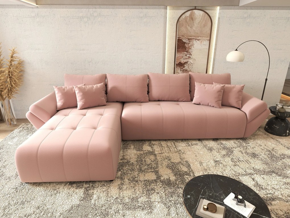 Colțar extensibil dumonde cu ladă de depozitare si sezut confortabil din spuma high-density, Berlin XL Royal Roz 350x185 cm