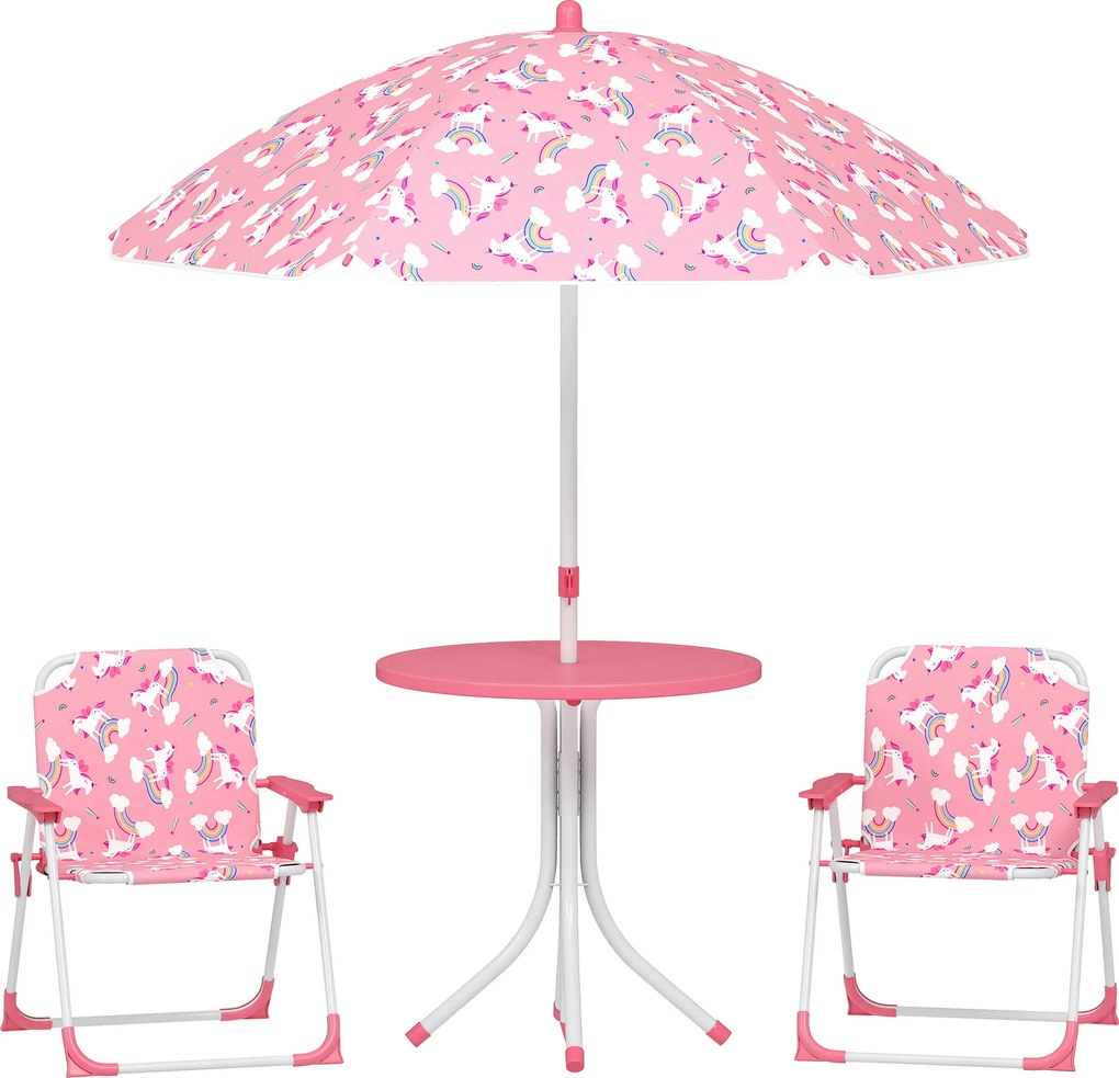 AIYAPLAY Masă de Picnic pentru Copii, Set Masă și Scaune cu 2 Scaune Pliabile și Umbrelă Detasabilă, Temă Junglă, Mobilier de Exterior pentru Grădină, Patio, Roz | Aosom Romania