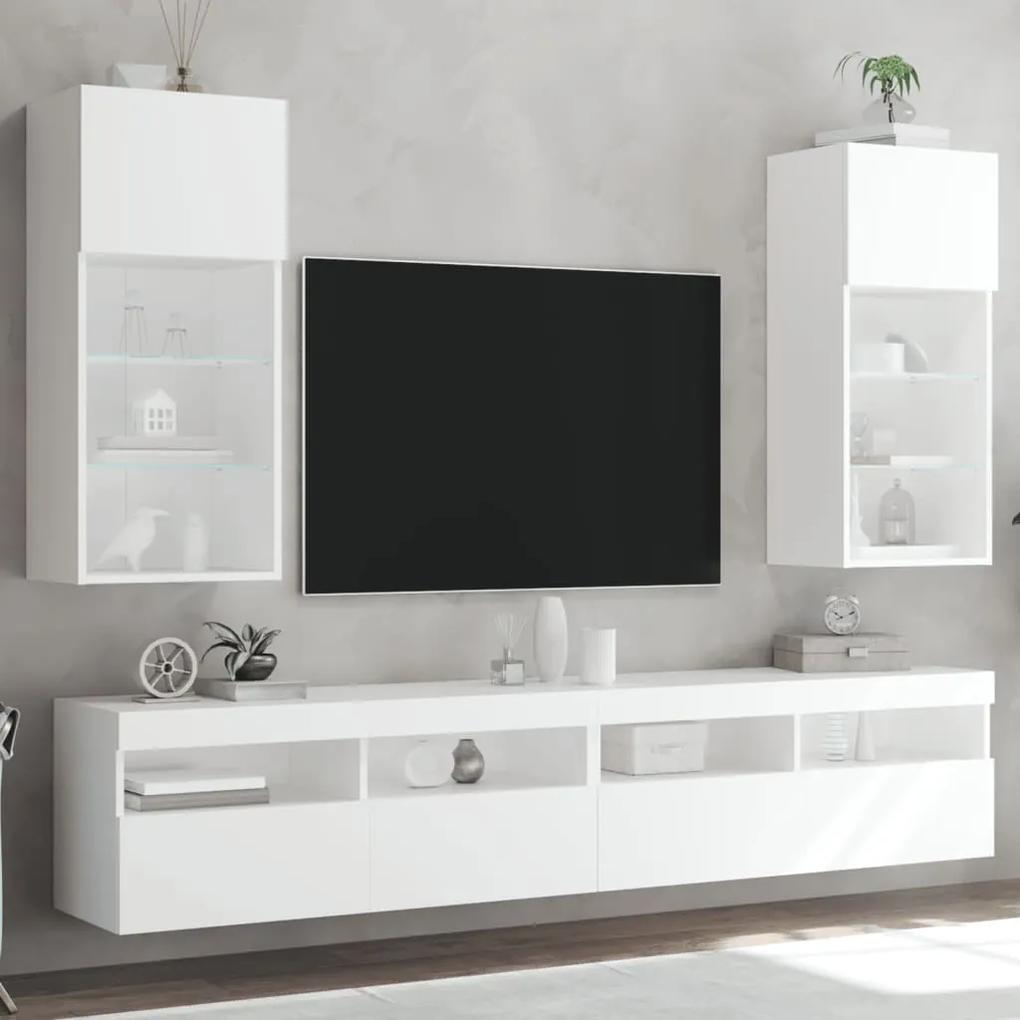 Comode TV cu lumini LED, 2 buc., alb, 40,5x30x90 cm